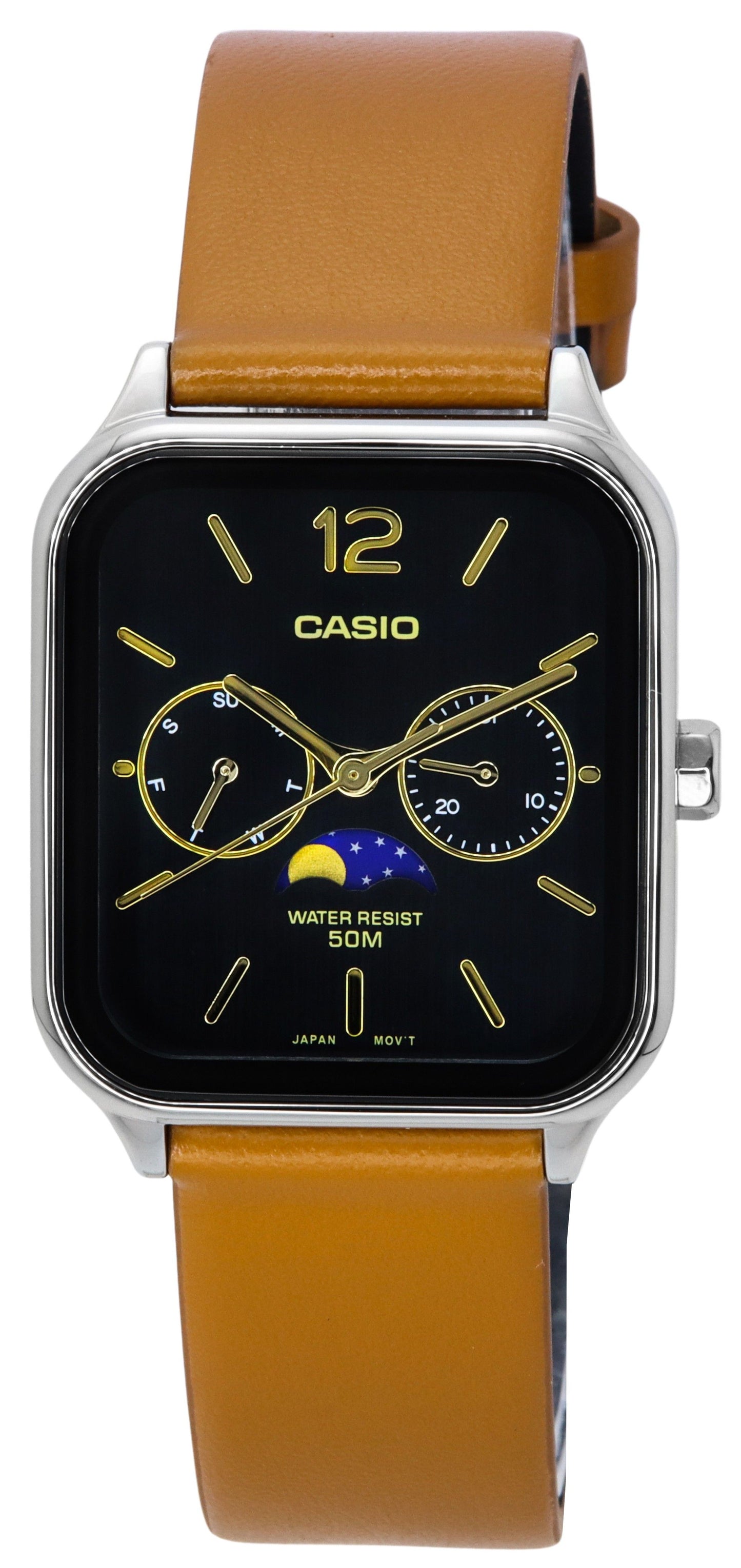 Casio Standard Analog Moon Phase Leather Strap Black Dial Quartz MTP-M305L-1A Men's Watch