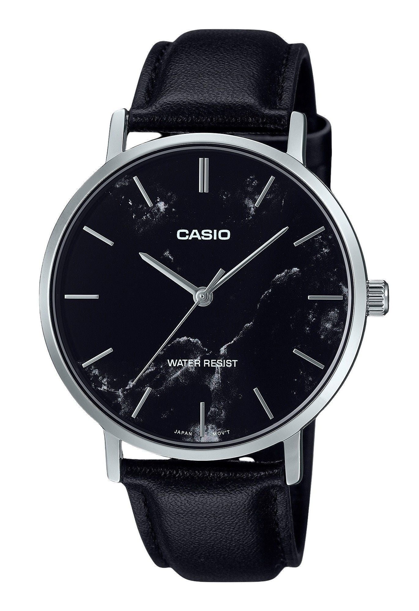 Casio Standard Analog Black Leather Strap Marble Inspired Black Dial Quartz MTP-VT01LM-1A Men's Watch