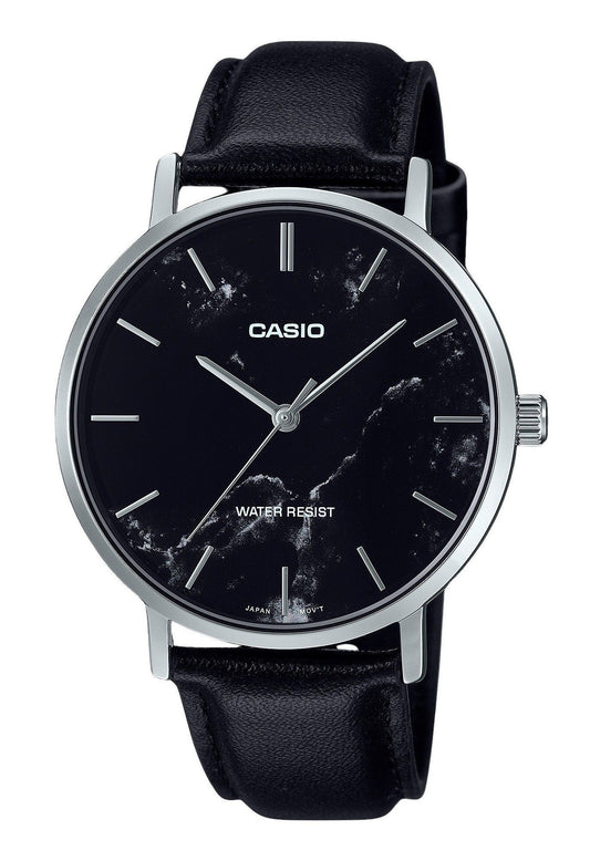 Casio Standard Analog Black Leather Strap Marble Inspired Black Dial Quartz MTP-VT01LM-1A Men's Watch