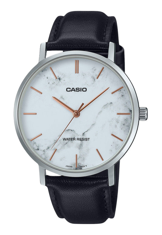 Casio Standard Analog Black Leather Strap Marble Inspired White Dial Quartz MTP-VT01LM-7A Men's Watch