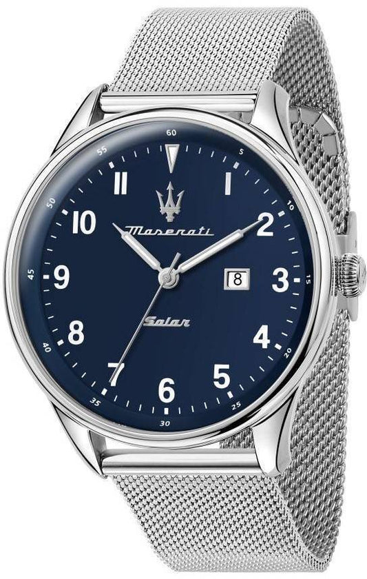 Maserati Tradizione Stainless Steel Mesh Blue Dial Solar R8851146002 100M Men's Watch