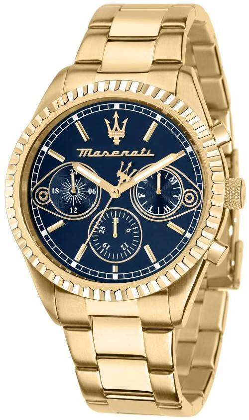 Maserati Competizione Gold Tone Stainless Steel Blue Multifunction Dial Quartz R8853100026 100M Men's Watch