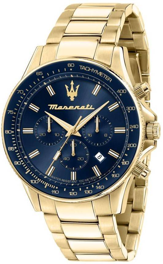 Maserati Sfida Chronograph Gold Tone Stainless Steel Blue Dial Quartz R8873640008 100M Men's Watch