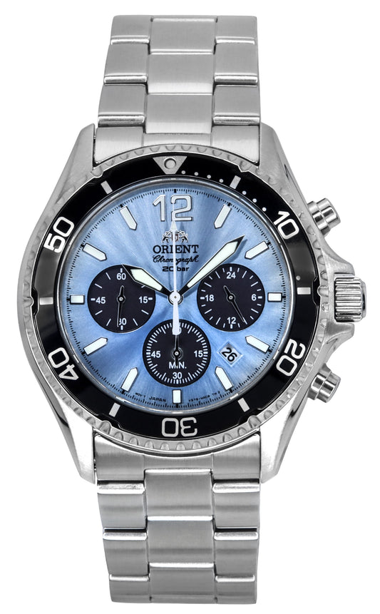 Orient Sports Chronograph Stainless Steel Sky Blue Dial Quartz Diver's RA-TX0206L 200M Men's Watch