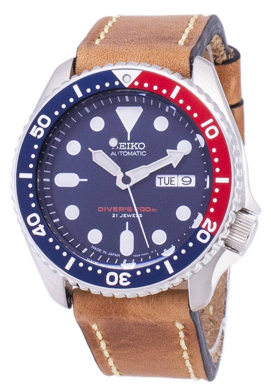 Seiko Automatic SKX009J1-var-LS17 Diver's 200M Japan Made Brown Leather Strap Men's Watch