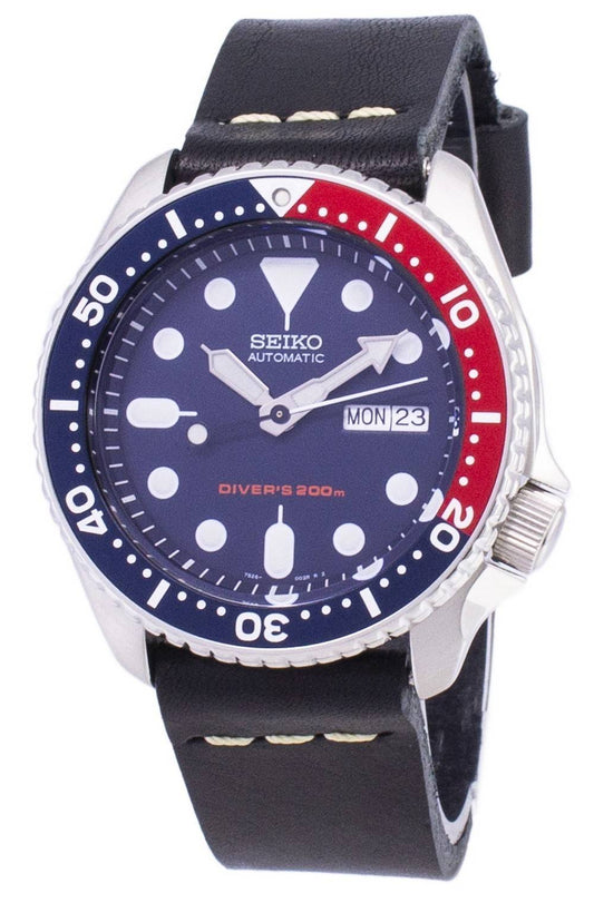 Seiko Automatic SKX009K1-var-LS14 Diver's 200M Black Leather Strap Men's Watch