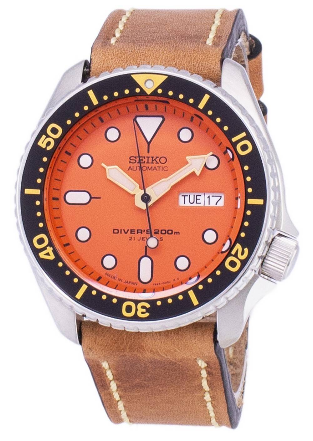 Seiko Automatic SKX011J1-var-LS17 Diver's 200M Japan Made Brown Leather Strap Men's Watch