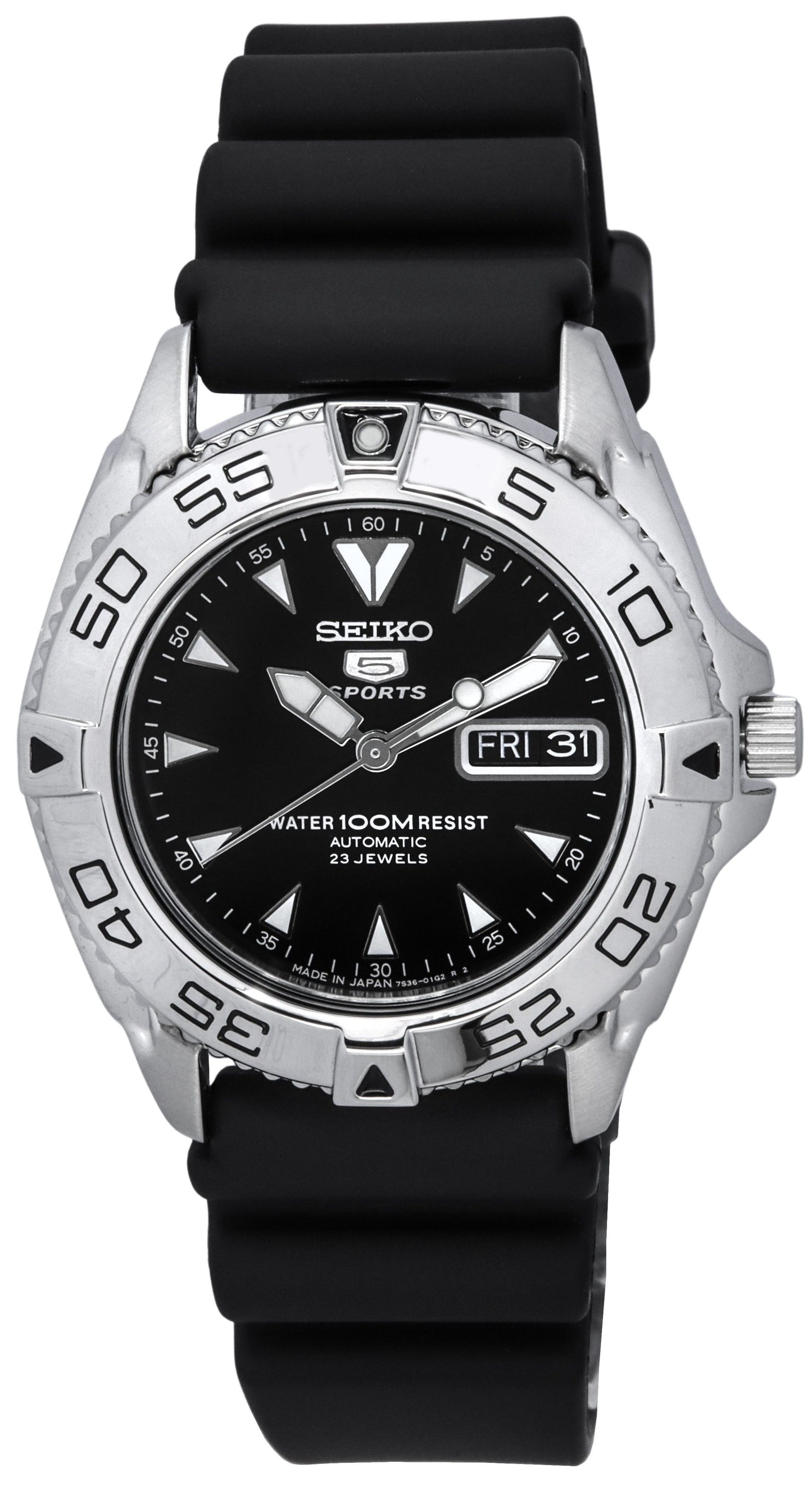 Seiko 5 Sports Rubber Strap Black Dial Automatic SNZB33J2 100M Men's Watch