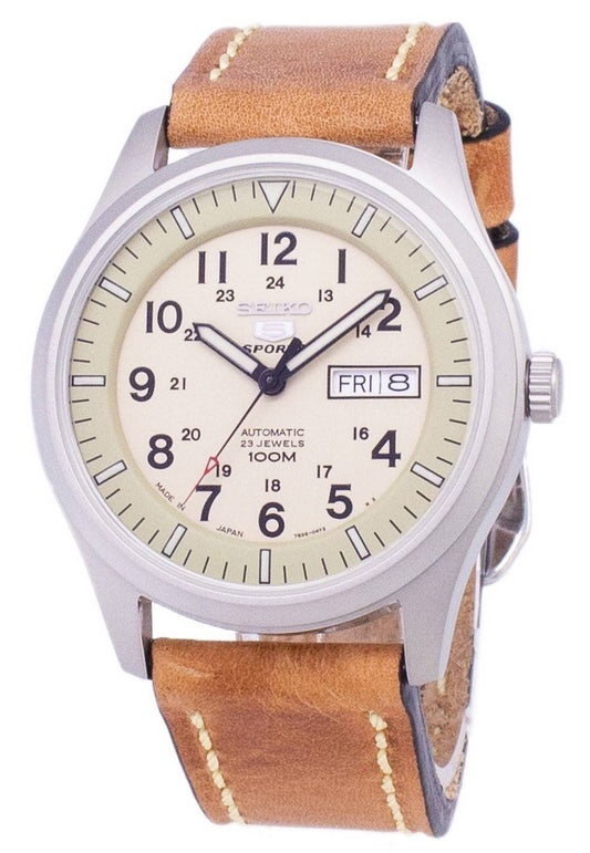 Seiko 5 Sports SNZG07J1-var-LS17 Military Japan Made Brown Leather Strap Men's Watch