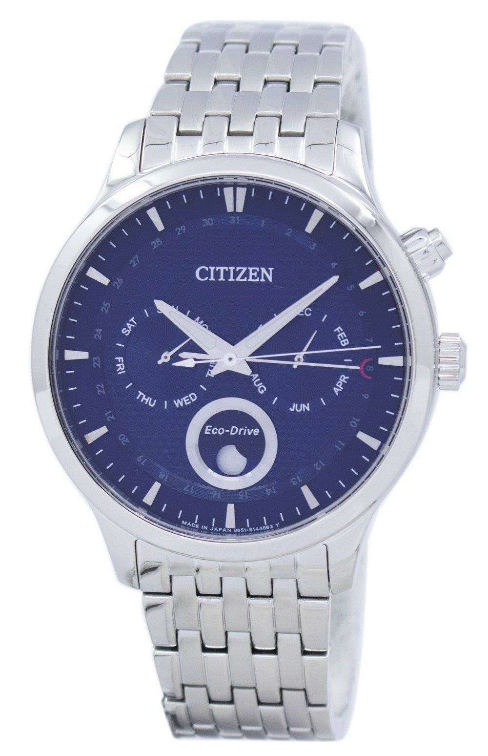 Refurbished Citizen Eco-Drive Moon Phase Blue Textured Dial Japan Made AP1050-56L Men's Watch