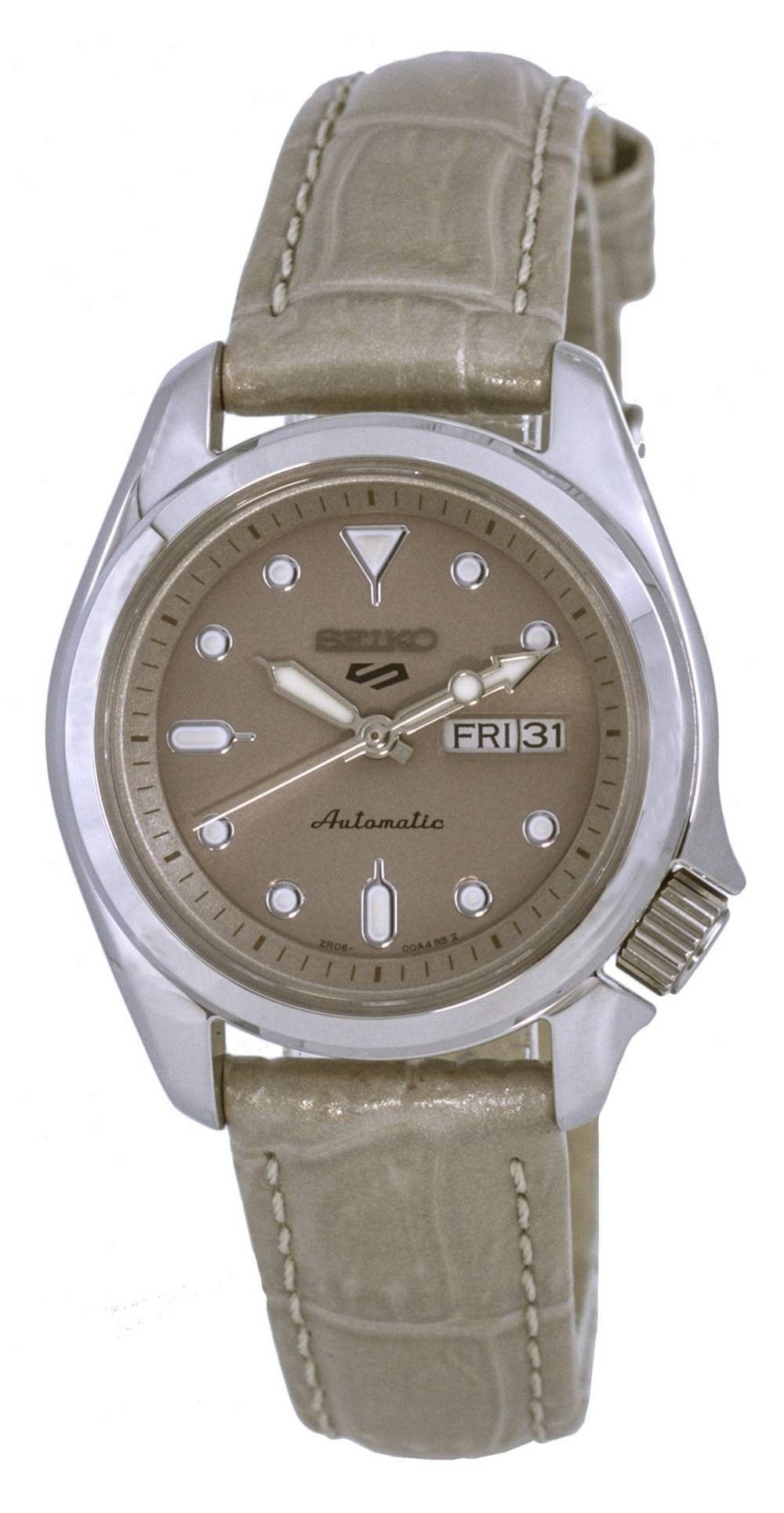 Refurbished Seiko 5 Sports Compact Leather Strap Beige Dial Automatic SRE005K1 100M Women's Watch