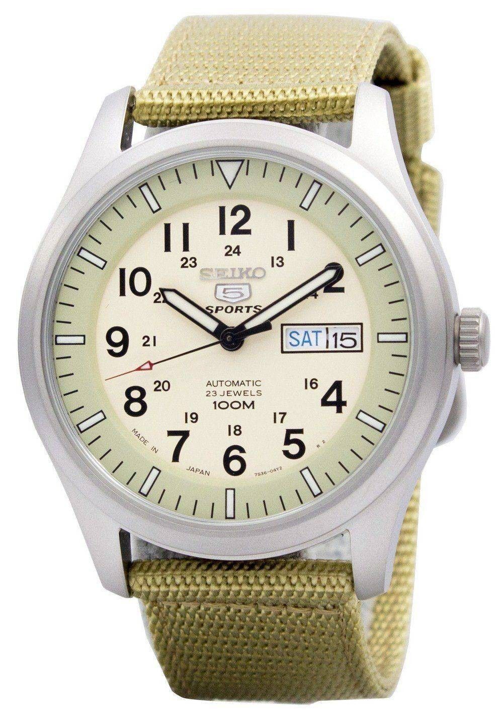 Refurbished Seiko 5 Military Stainless Steal Beige Dial Automatic SNZG07J1 100M Men's Watch