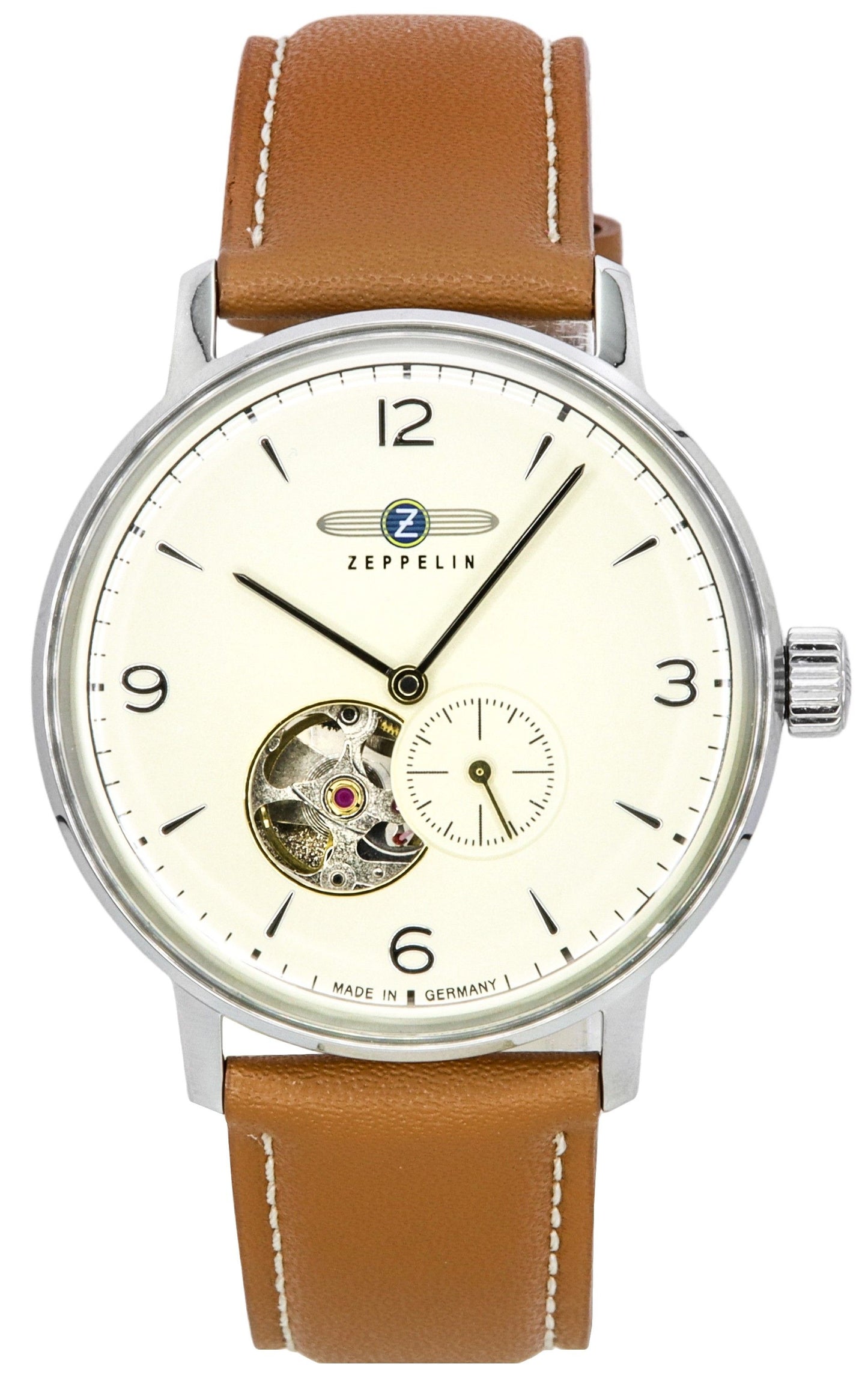 Zeppelin LZ129 Hindenburg Leather Strap Open Heart Beige Dial Automatic 80665N Men's Watch